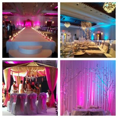 Four-photo collage of event setups inside a ballroom, including a candle-lined aisle with pink lighting, an elegant reception table with blue uplighting, a draped ceremonial canopy with pink accents, and decorative white branches against a pink-lit backdrop.