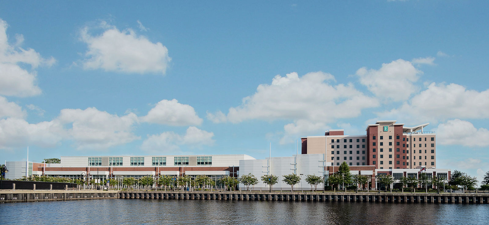Panoramic waterfront view of the Wilmington Convention Center and adjacent hotel across the river, beneath a partly cloudy sky.