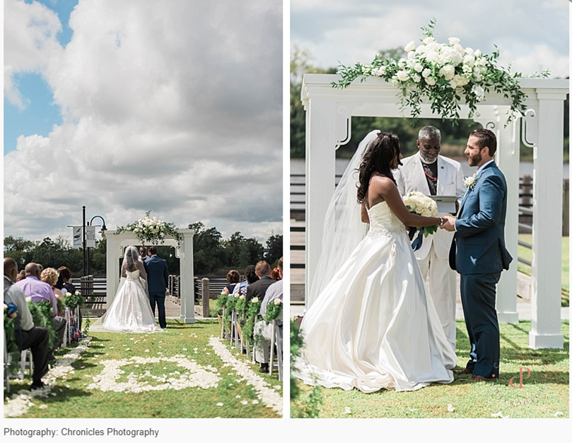 Two wedding ceremony photos shown side by side on a waterfront lawn, with the couple standing beneath a white floral arbor as guests watch and the officiant leads the ceremony.