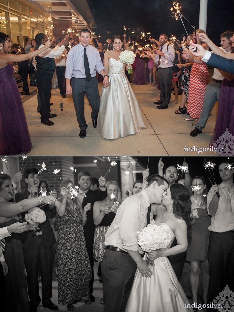 Two wedding send-off photos showing the bride and groom walking through guests holding sparklers, with the top image in color and the bottom image in black and white as the couple kisses.