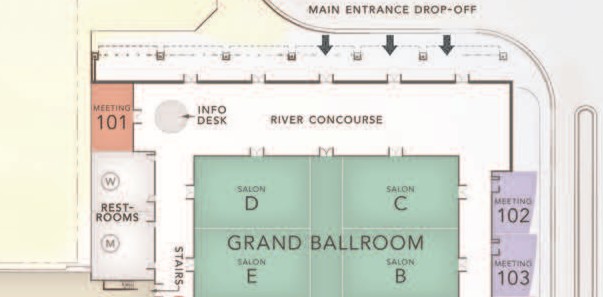 Partial floor plan showing the River Concourse, Grand Ballroom salons, restrooms, Meeting Room 101, and the main entrance drop-off.
