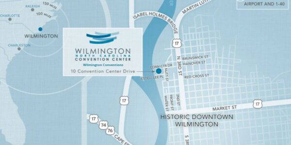 Map graphic showing the Wilmington Convention Center location at 10 Convention Center Drive near Historic Downtown Wilmington and major road routes.